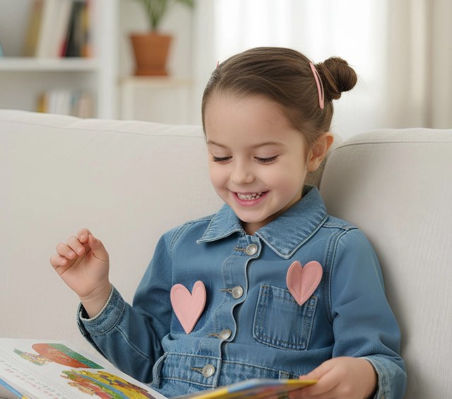 Bambina con giacca di jeans che legge un libro
