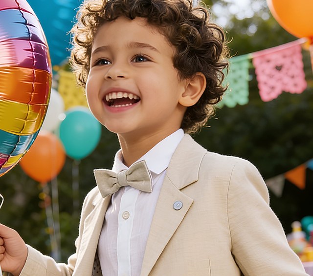 Bambino con giacca beige e papillon a una festa