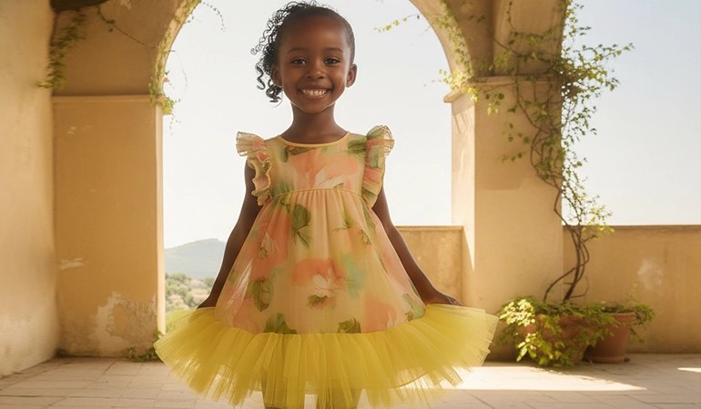 Bambina con abito in tulle sotto un arco in pietra