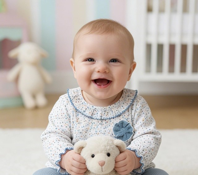 Neonata sorridente con tutina a fiori e peluche