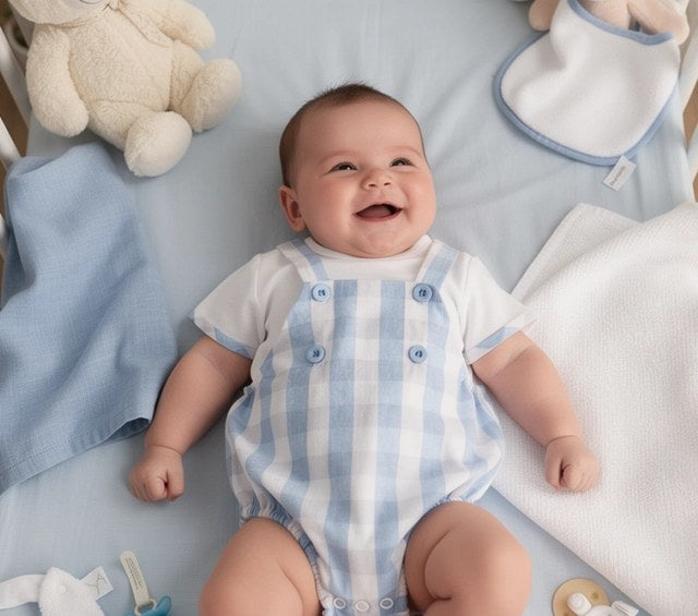 Neonato sorridente con pagliaccetto a quadretti azzurri