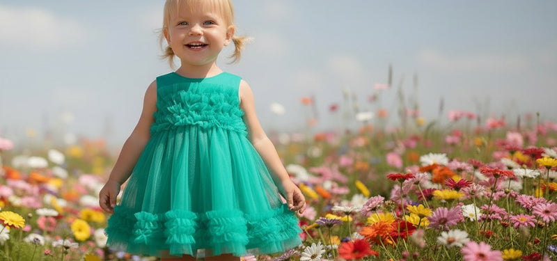Bimba con abito in tulle verde in un prato fiorito